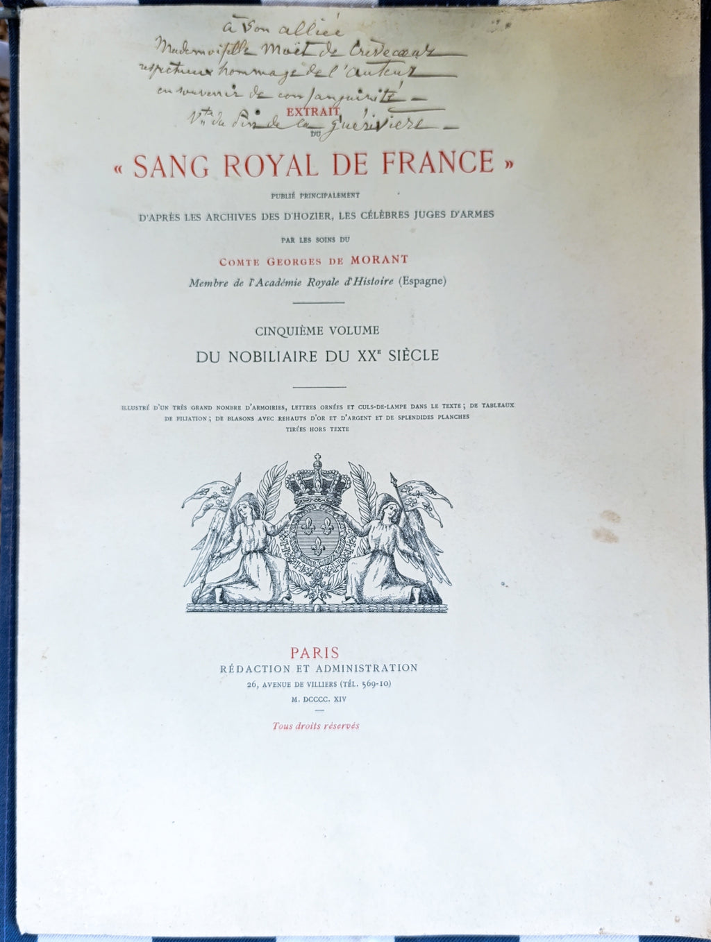 Extrait « Sang Royal de France » – Du Pin de la Guérivière – Dédicace Famille Moët (Moët & Chandon) – Estimé Drouot 120-180 €