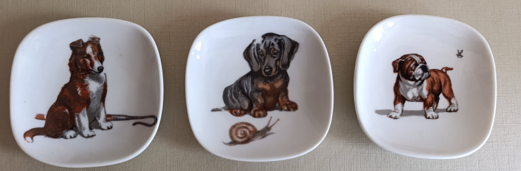 Lot de 3 coupelles vintage en porcelaine de Limoges – Motifs chiots (Colley, Teckel, Bouledogue)