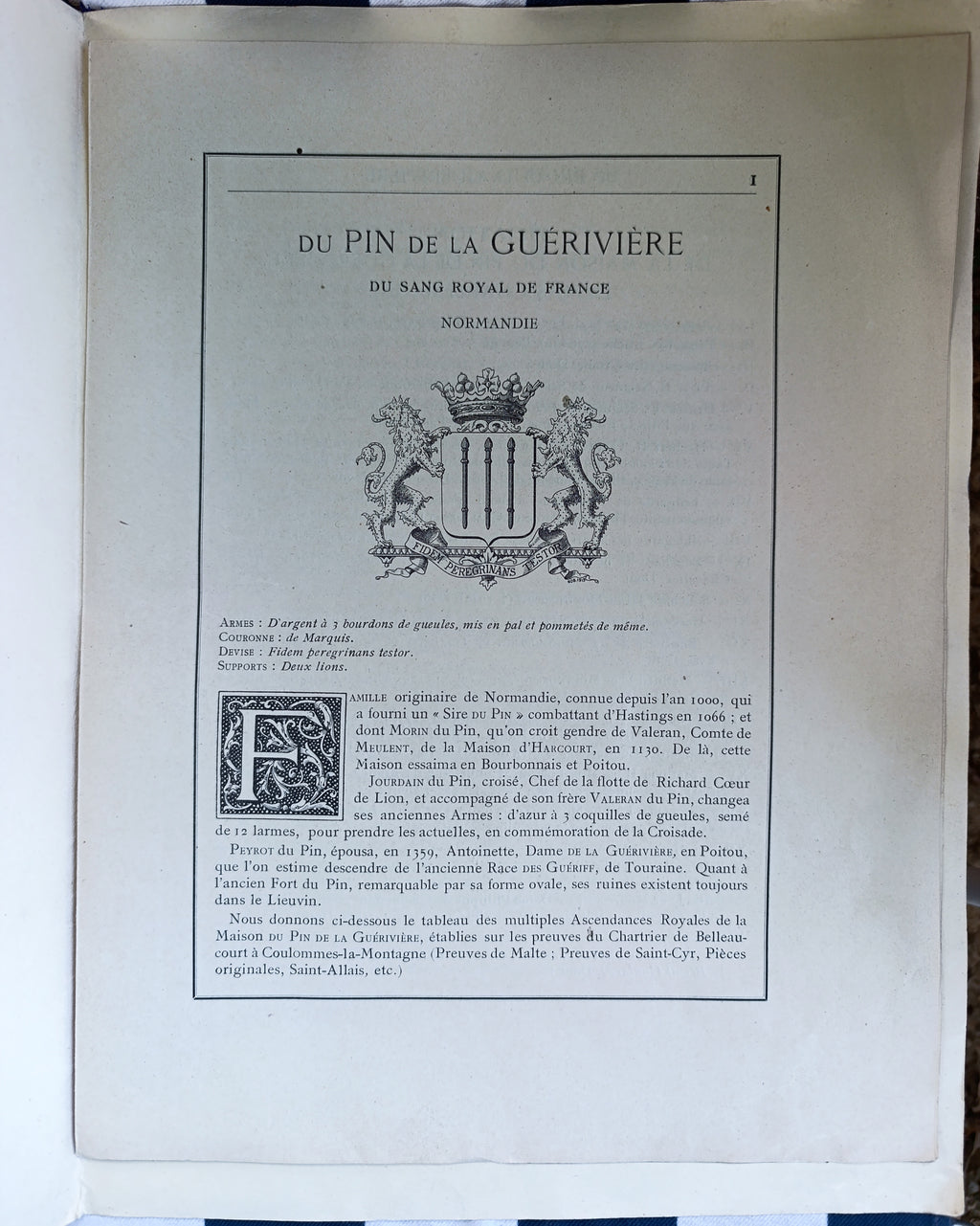 Extrait « Sang Royal de France » – Du Pin de la Guérivière – Dédicace Famille Moët (Moët & Chandon) – Estimé Drouot 120-180 €