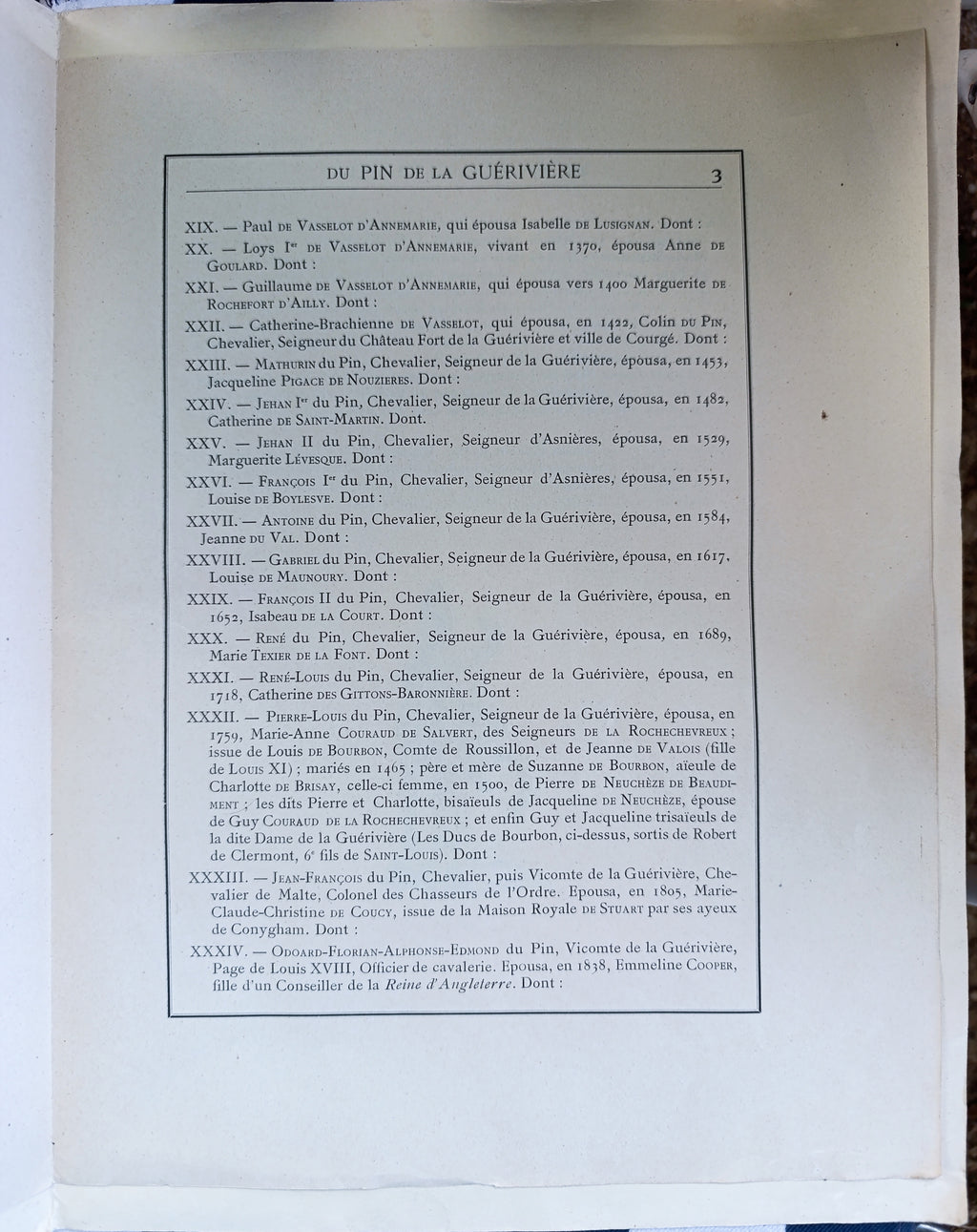 Extrait « Sang Royal de France » – Du Pin de la Guérivière – Dédicace Famille Moët (Moët & Chandon) – Estimé Drouot 120-180 €