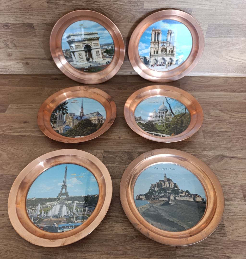 Lot de 6 assiettes murales vintage en cuivre, monuments de France