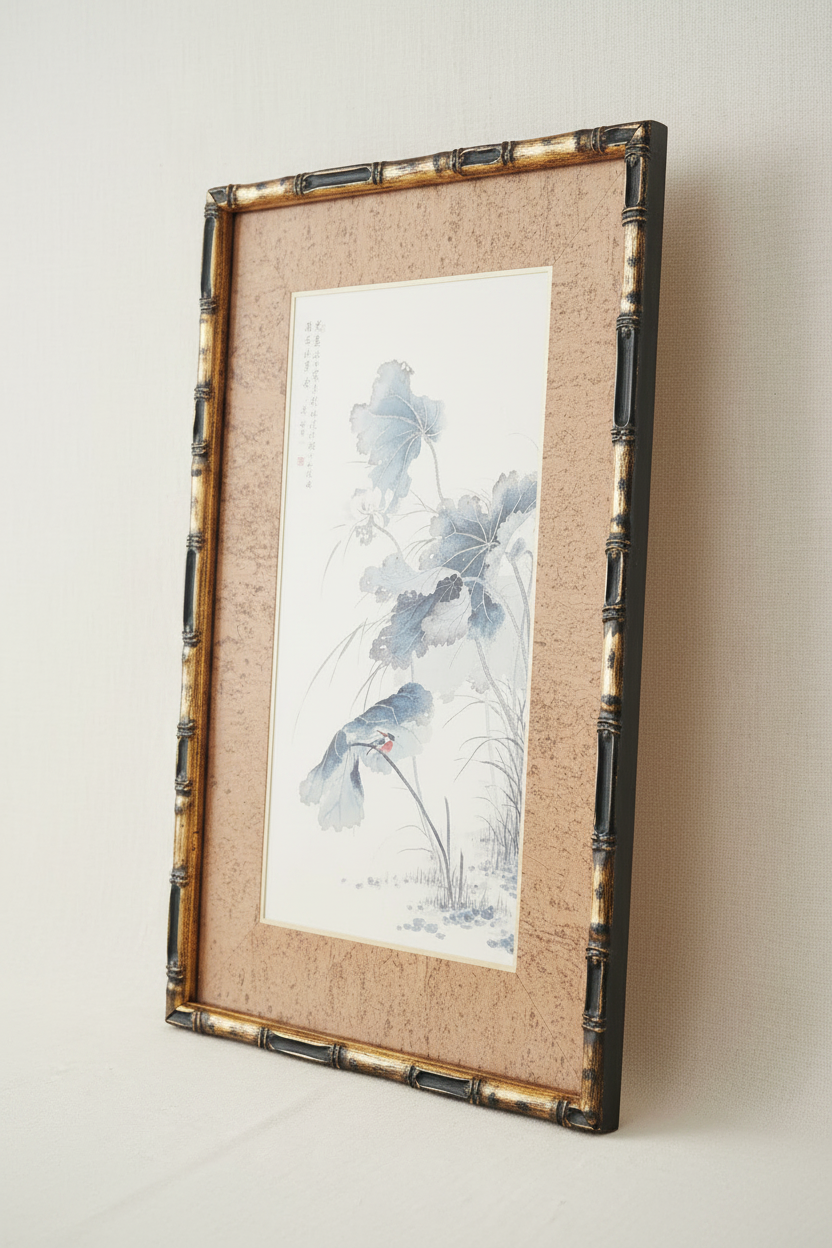 Reproduction encadrée – Peinture chinoise Lotus et Martin-pêcheur, signée Wu Lüxiang